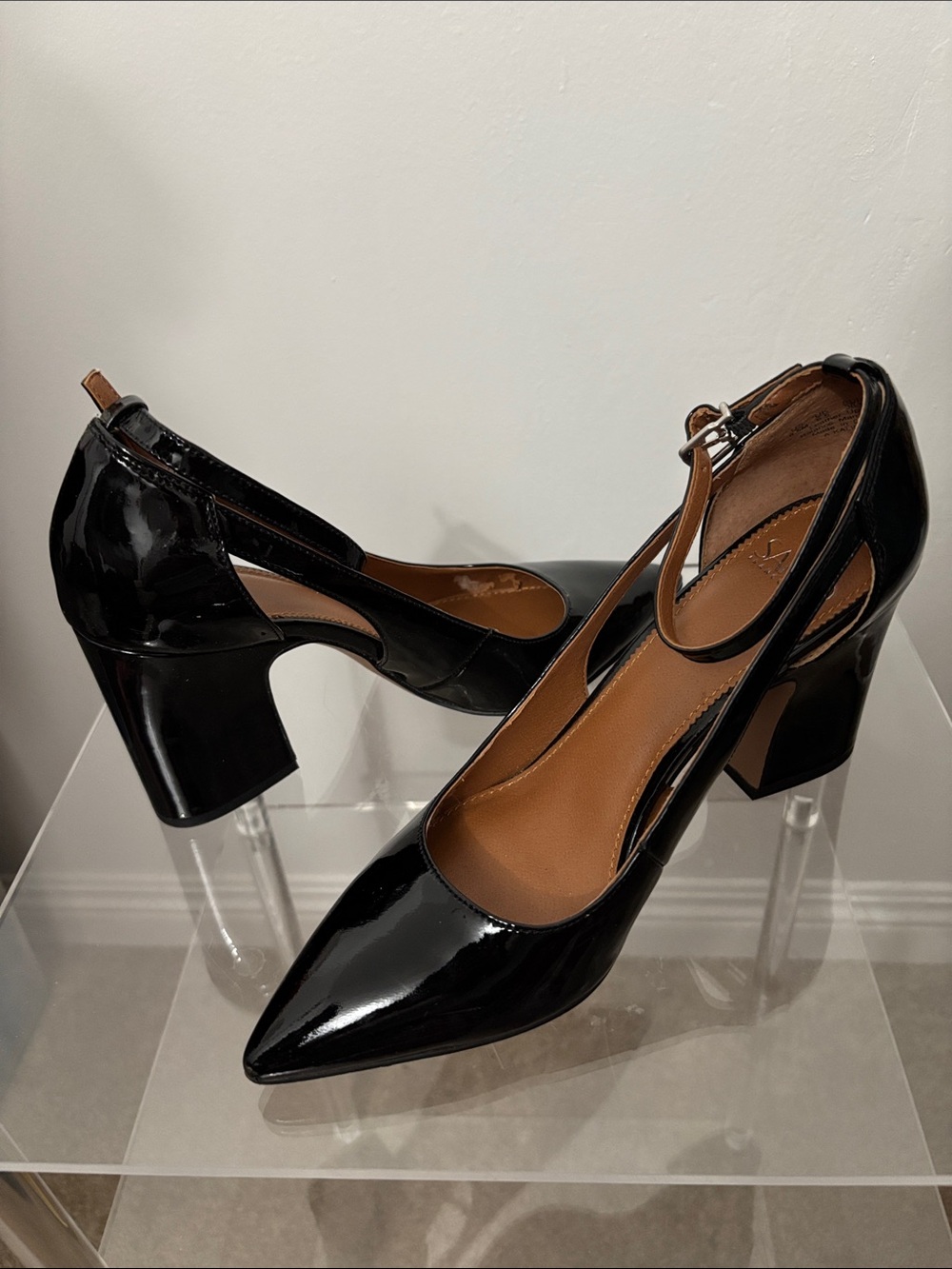 Franco Sarto Black Patent Ankle-Strap Block Heel Pumps